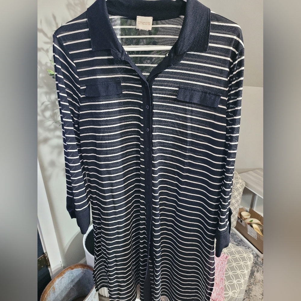 Chico's Size 1 Semi Sheer Striped Cardigan Tunic Bathing Suit Cover 3/4 Sleeve